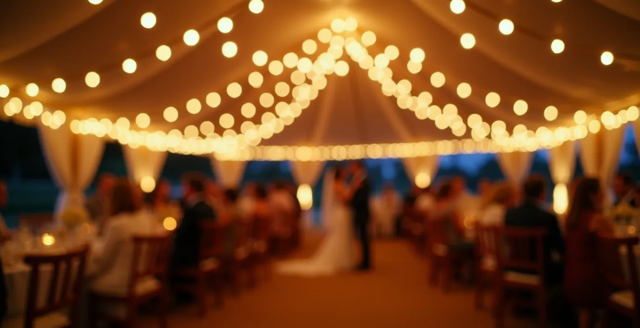 Vue photographique d'une tente de mariage illuminée par des guirlandes lumineuses et des spots LED créant une ambiance chaleureuse et invitante