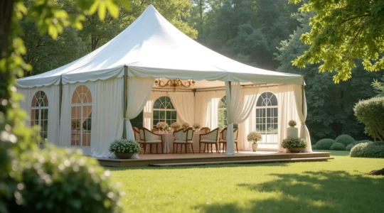 Photographie réaliste d'une élégante tente blanche de mariage installée en plein air dans un jardin verdoyant, avec une composition symétrique respectant la règle des tiers, lumière naturelle douce et bokeh naturel en arrière-plan.