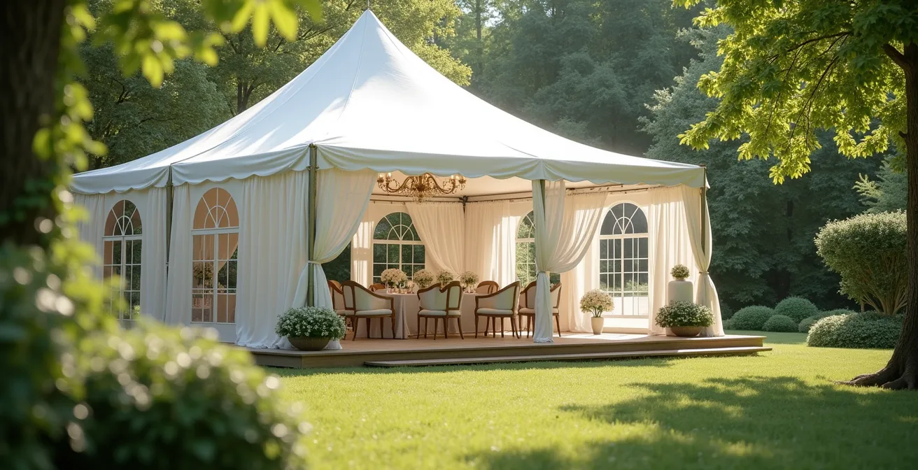 Photographie réaliste d'une élégante tente blanche de mariage installée en plein air dans un jardin verdoyant, avec une composition symétrique respectant la règle des tiers, lumière naturelle douce et bokeh naturel en arrière-plan.