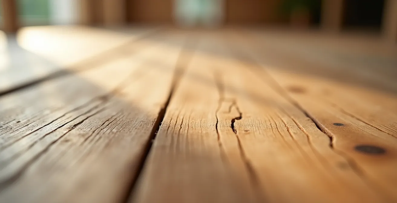 Détail en gros plan d’un plancher en bois naturel pour tente de mariage, montrant la texture fine et naturelle du matériau
